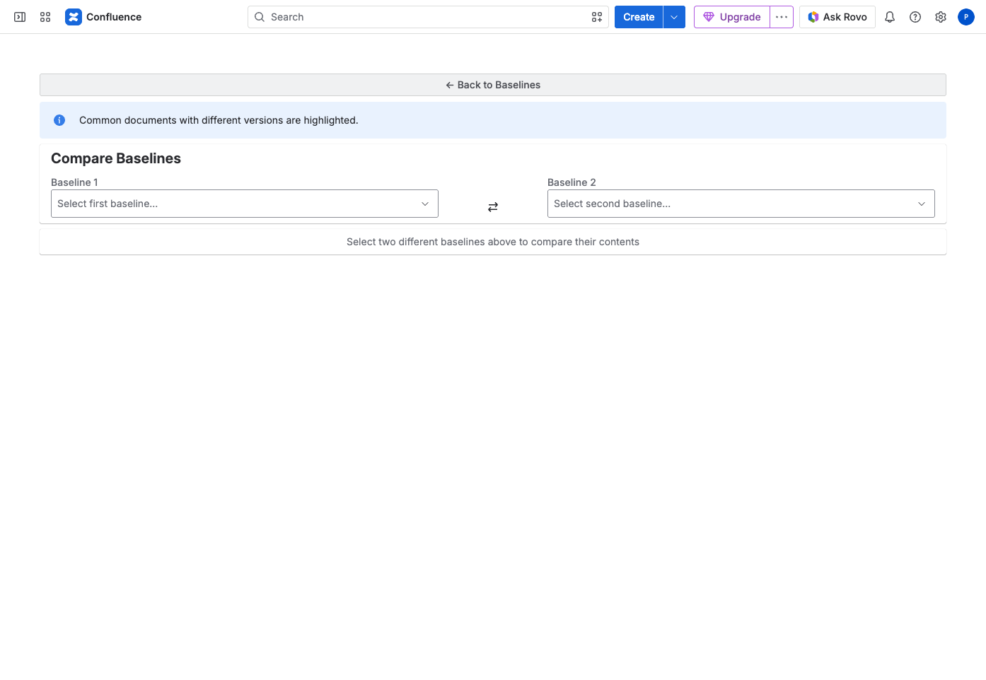 Compare Baselines — choose the two snapshots to compare