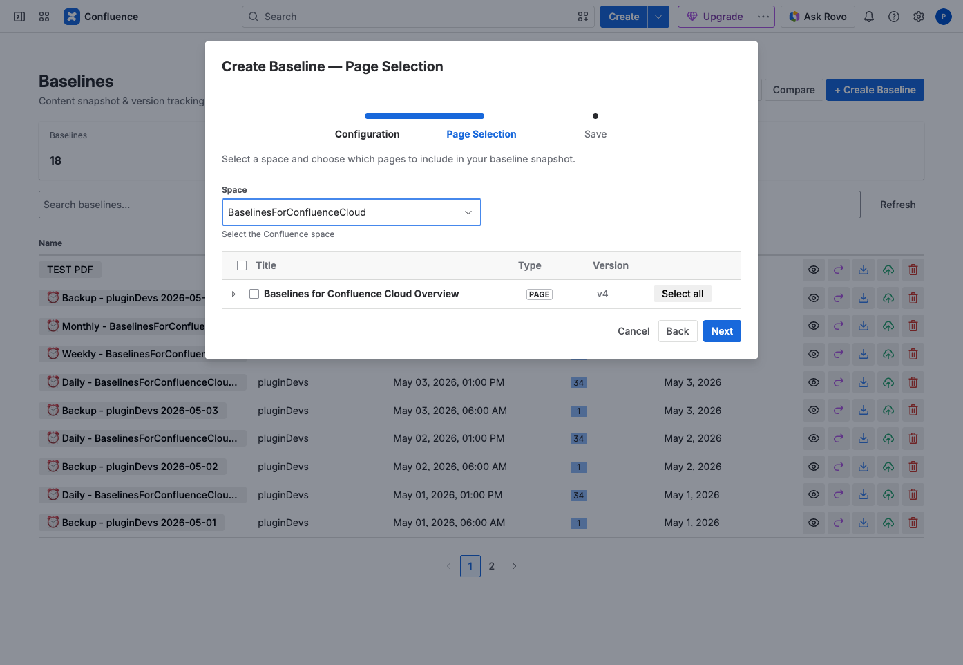 Step 2: select pages from the space tree — individually or all at once