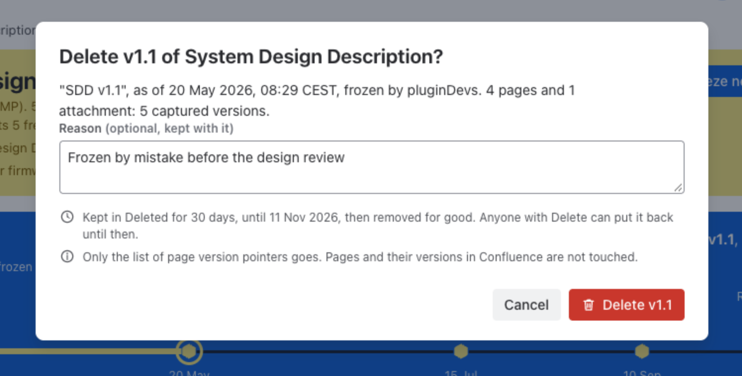 Delete v1.1 of System Design Description: the reason, kept in Deleted for 30 days, pages in Confluence not touched