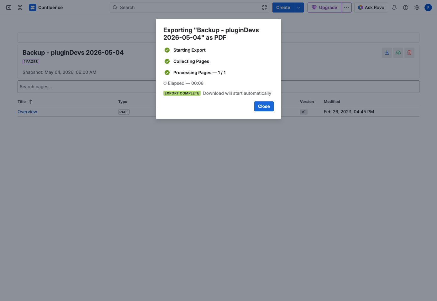 Export progress — collecting and processing pages, then automatic download