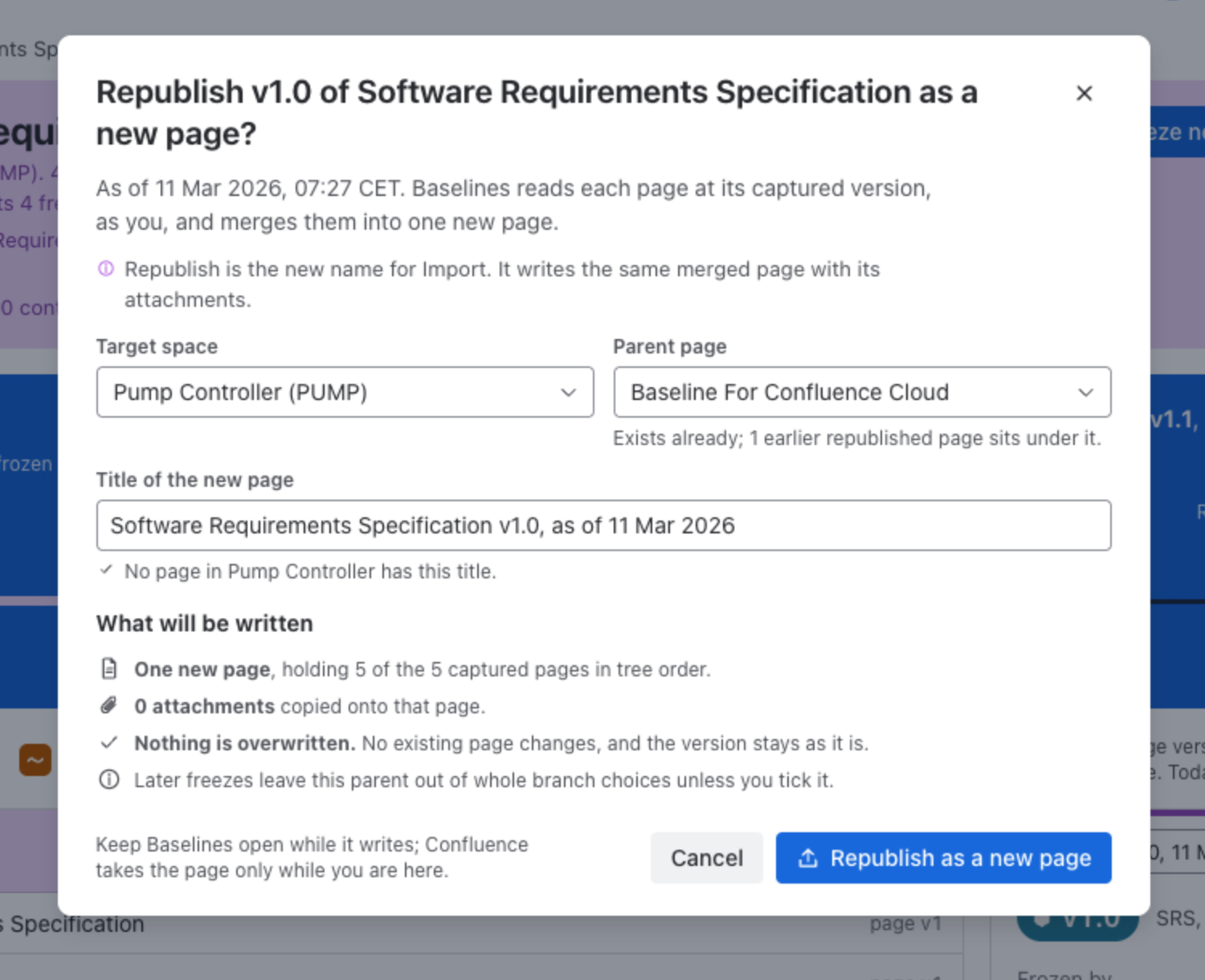 Republish v1.0 of Software Requirements Specification as a new page: target space, parent page, title and what will be written