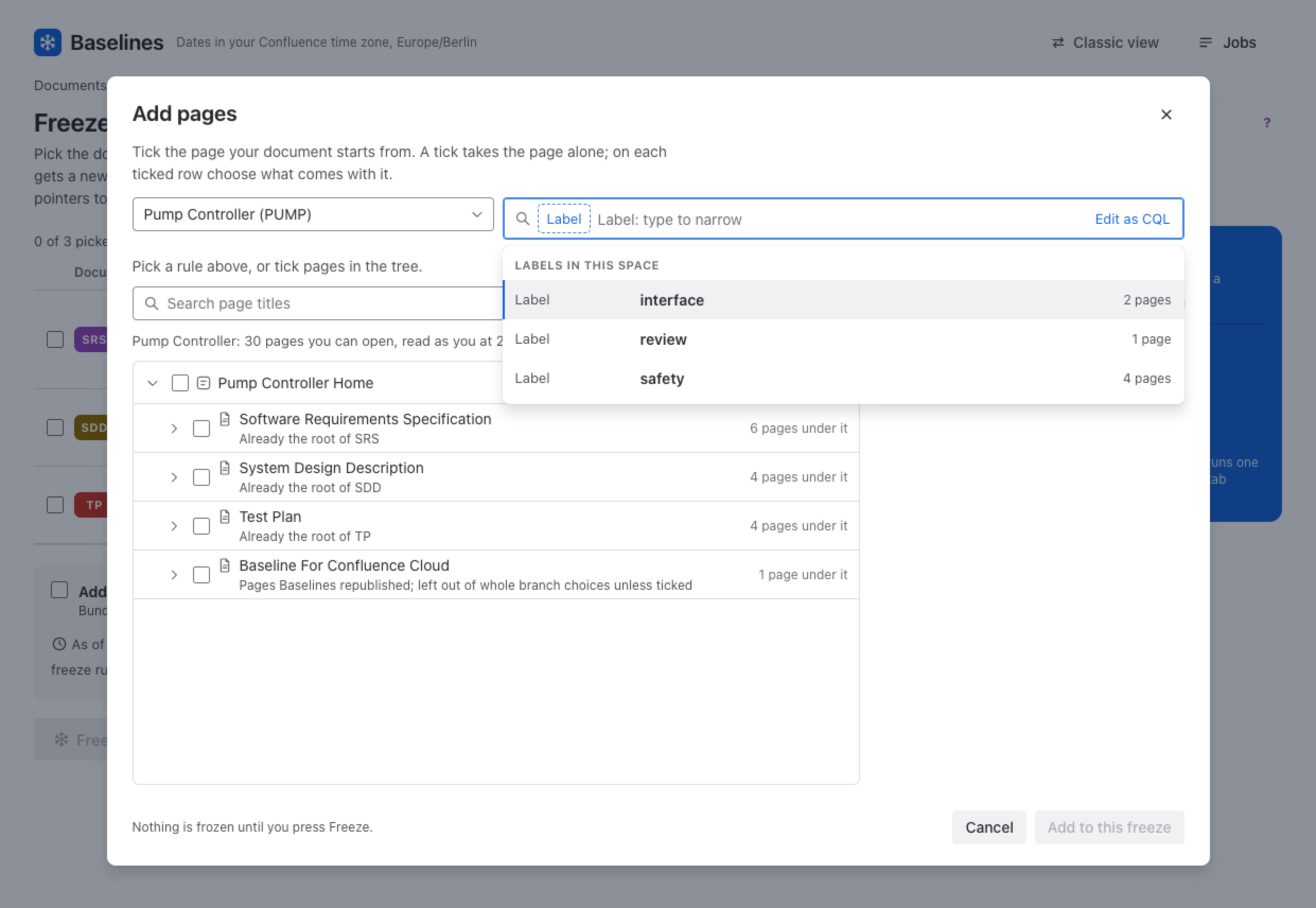 Add pages in Pump Controller: the rule bar with Label picked and the labels interface, review and safety suggested with their page counts