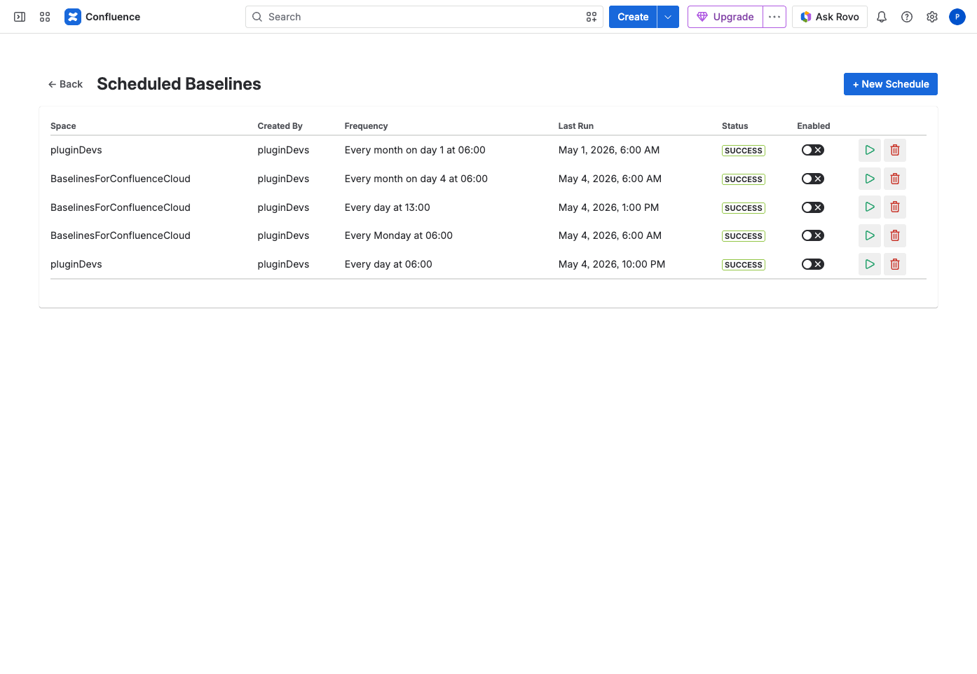 Scheduled Baselines — frequency, last run, status and enable toggle per schedule