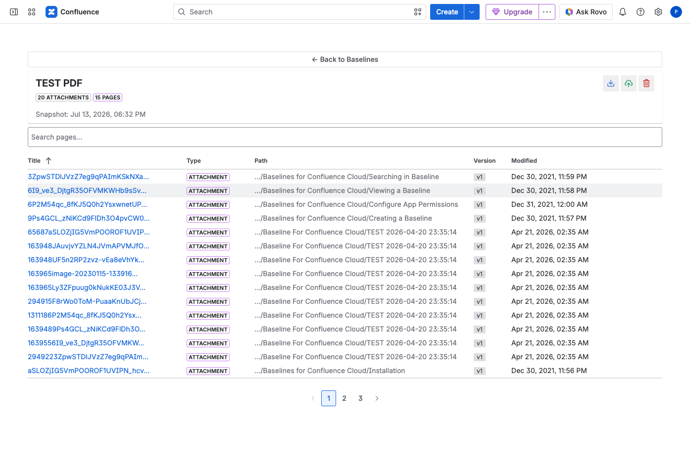 Baseline detail — snapshot contents with type, path and version