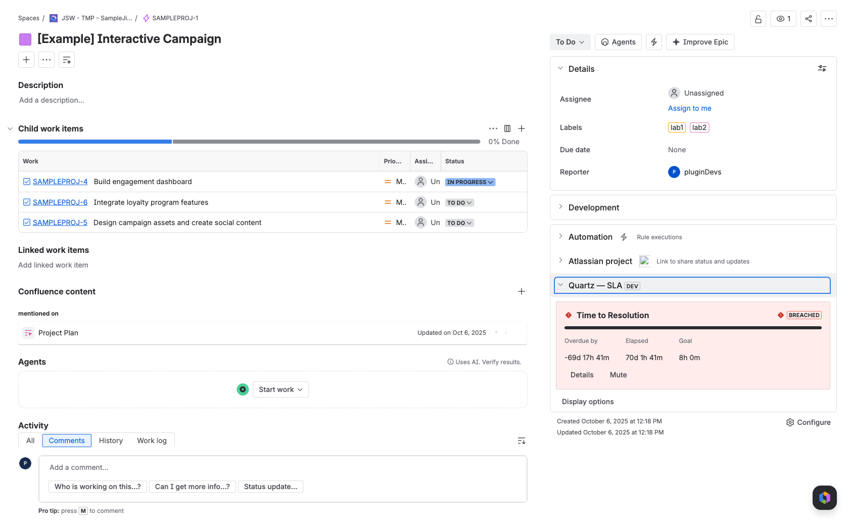 SLA panel on a Jira issue